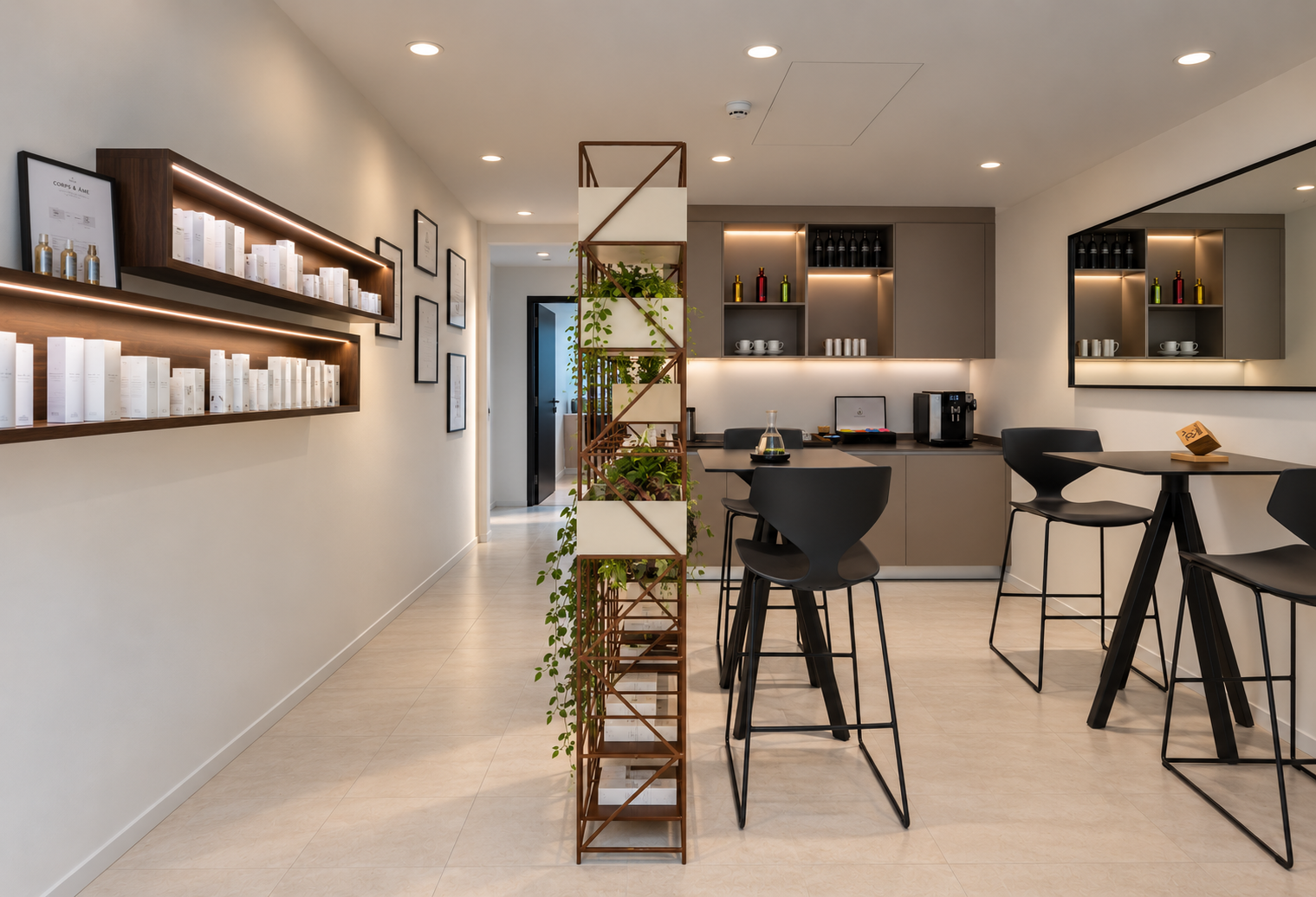 Salon minimaliste chaleureux avec plantes et cafe