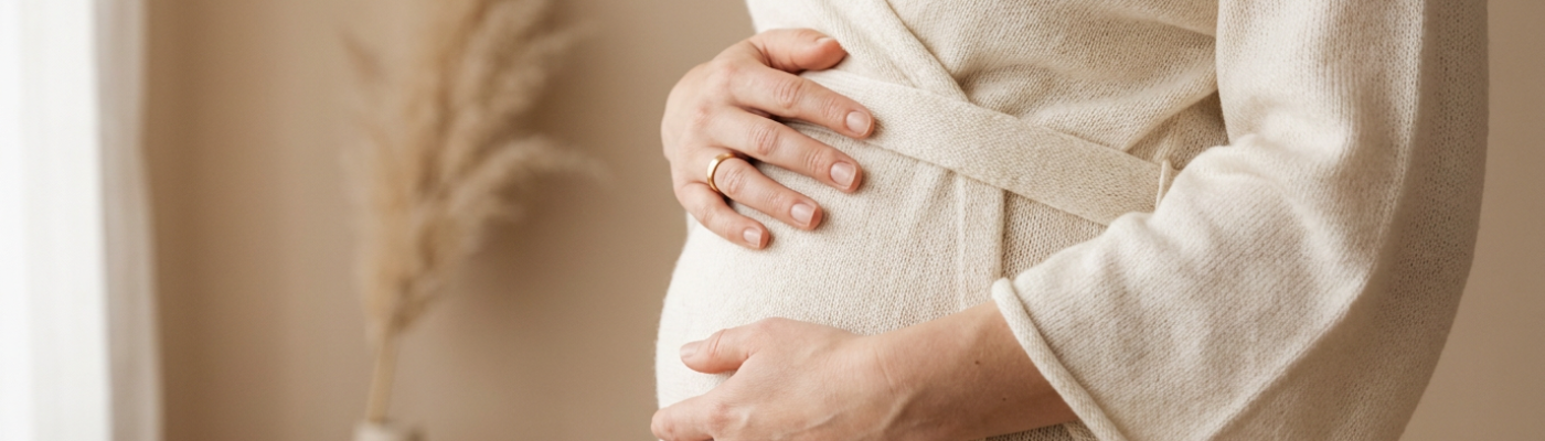 Ventre féminin post-grossesse, mains posées sur l'abdomen, illustrant le diastasis des grands droits